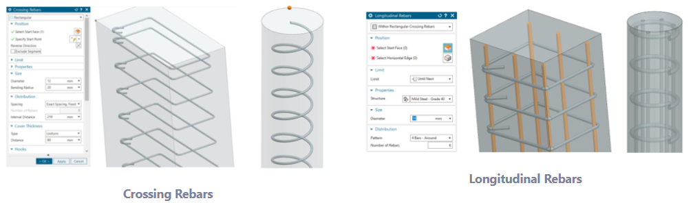 Capabilities within NX for Concrete for Design Reinforced concrete design is now included within our integrated suite of NX tools. With NX for Concrete Design, you can easily create Crossing Rebars associatively with the concrete form. We’ve added support for rectangular and cylindrical precast elements, whilst Crossing Rebars are generated based on the shape of the concrete. Additionally, Longitudinal Rebar is positioned along the inside of the Crossing Rebars, but the On Points type offers the flexibility to place rebar at any point.