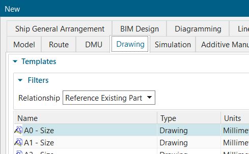The Relationship drop-down tab can be used to create a relation between existing parts and a new file.